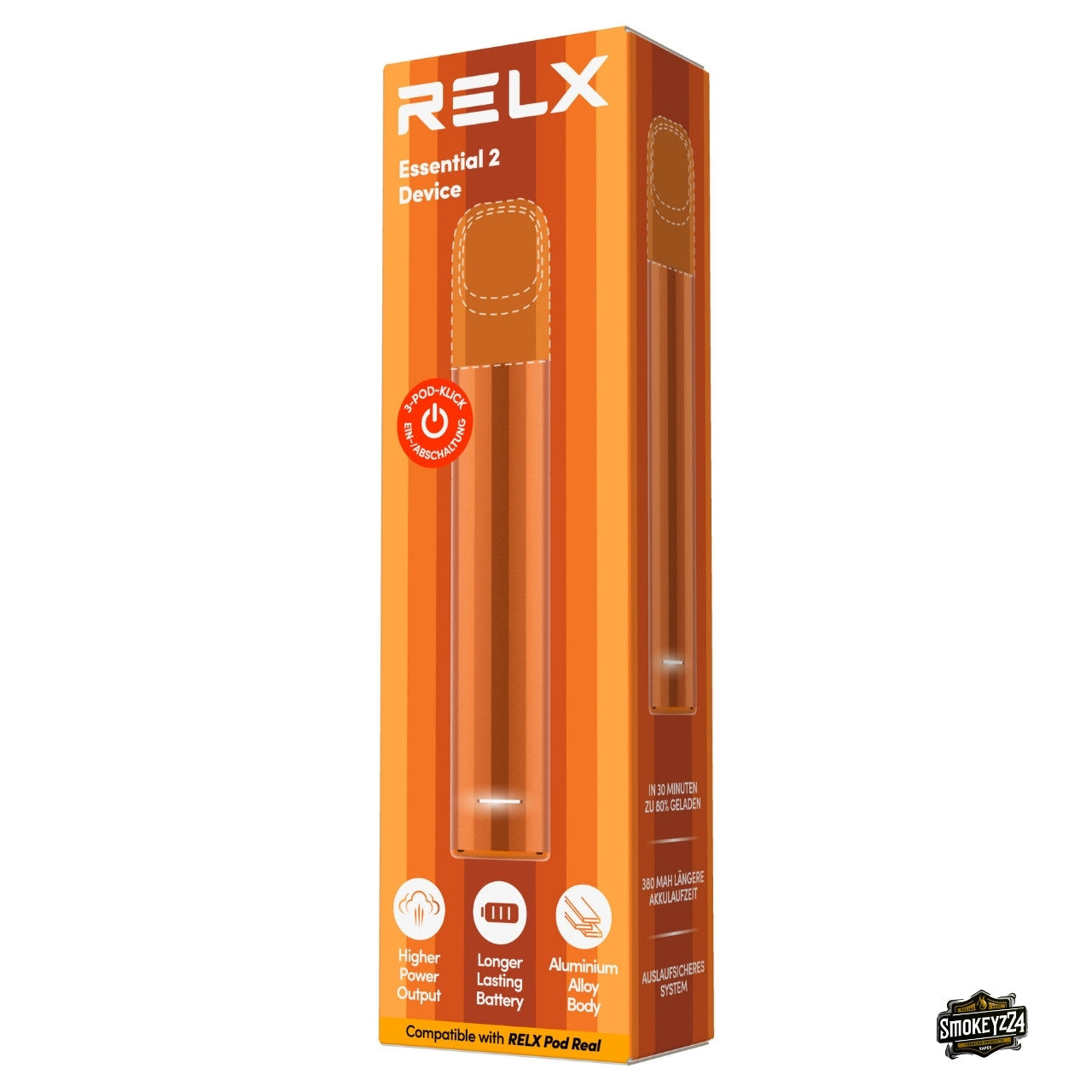 RELX Essential 2 Device Orange Verpackung mit orangem Gerät