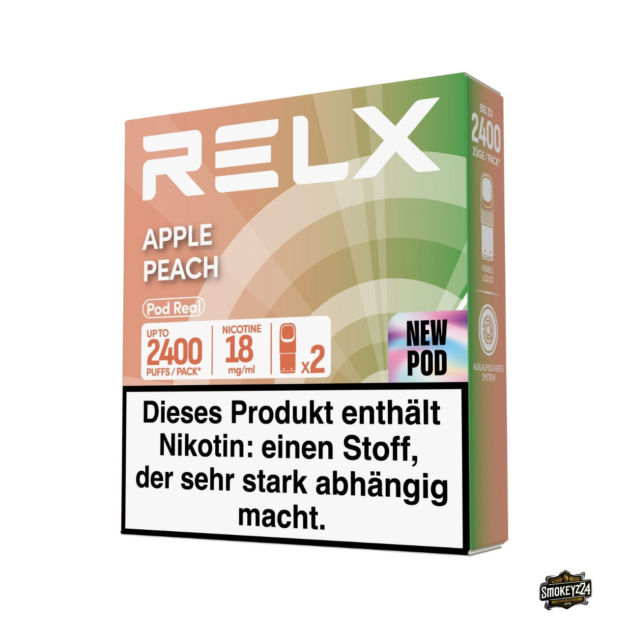 RELX Pod Real Apple Peach 18mg Verpackung mit Apfel-Pfirsich Pods