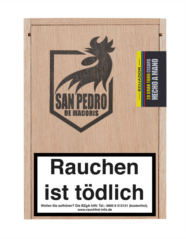 San Pedro de Macoris Ecuador Gran Toro Zigarren – geschlossene 20er Holzkiste, Verpackung frontal fotografiert.