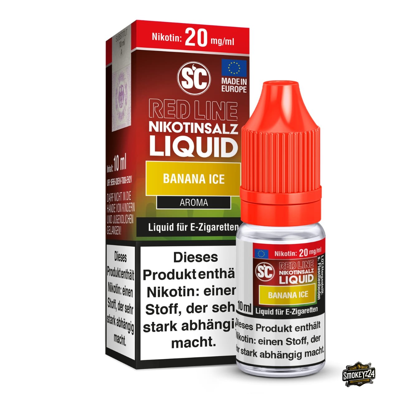 SC Red Line Banana Ice 20mg Nikotinsalz Liquid - 10ml Flasche neben Verpackung