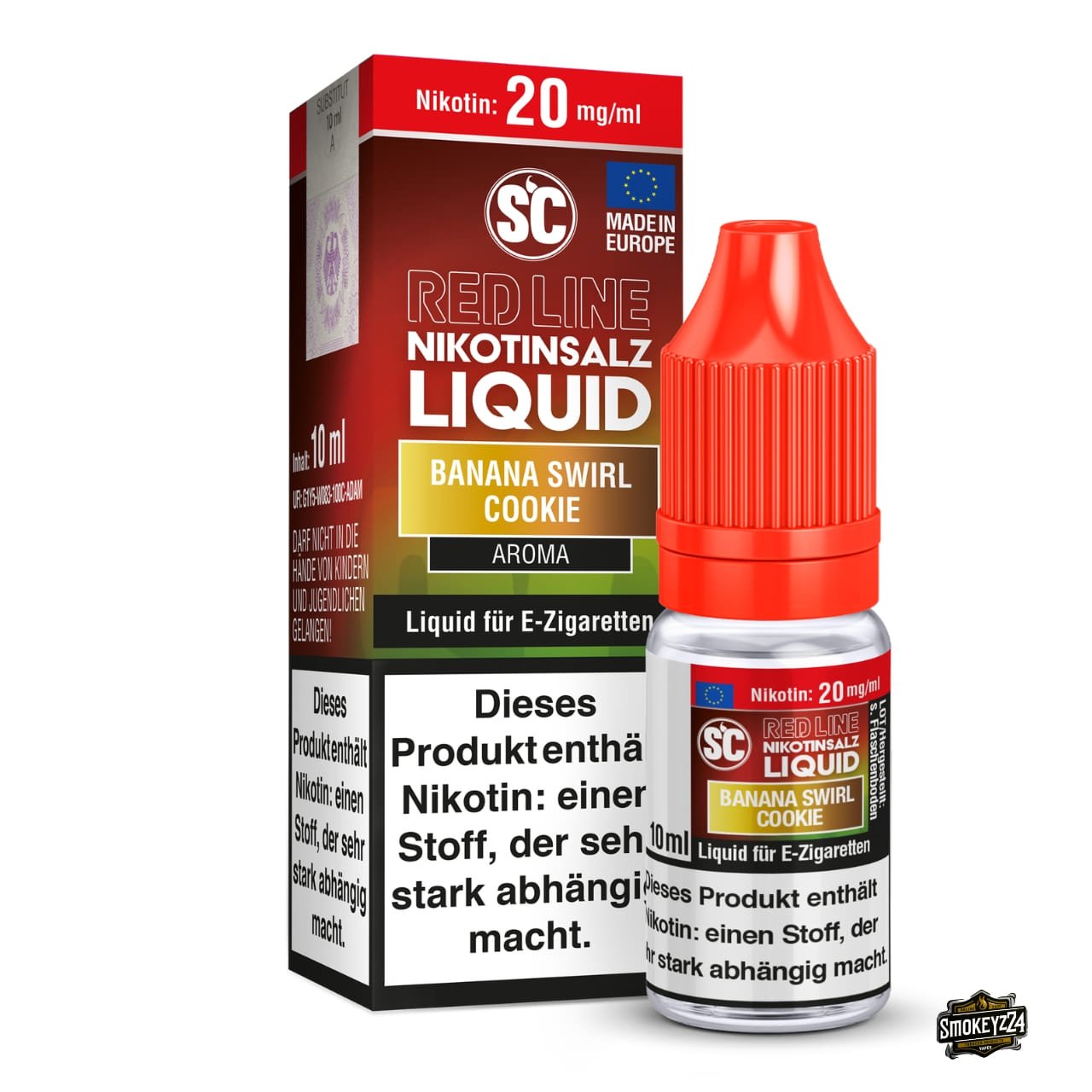 SC Red Line Banana Swirl Cookie 20mg Nikotinsalz Liquid - 10ml Flasche neben Verpackung