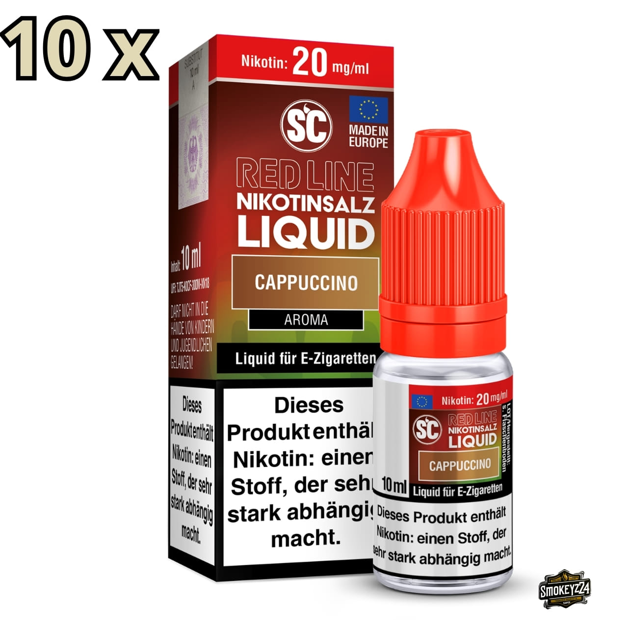 SC Red Line Cappuccino 20mg Nikotinsalz Liquid 10x Sparpaket - zehn Flaschen und Verpackungen, Coffee Aroma