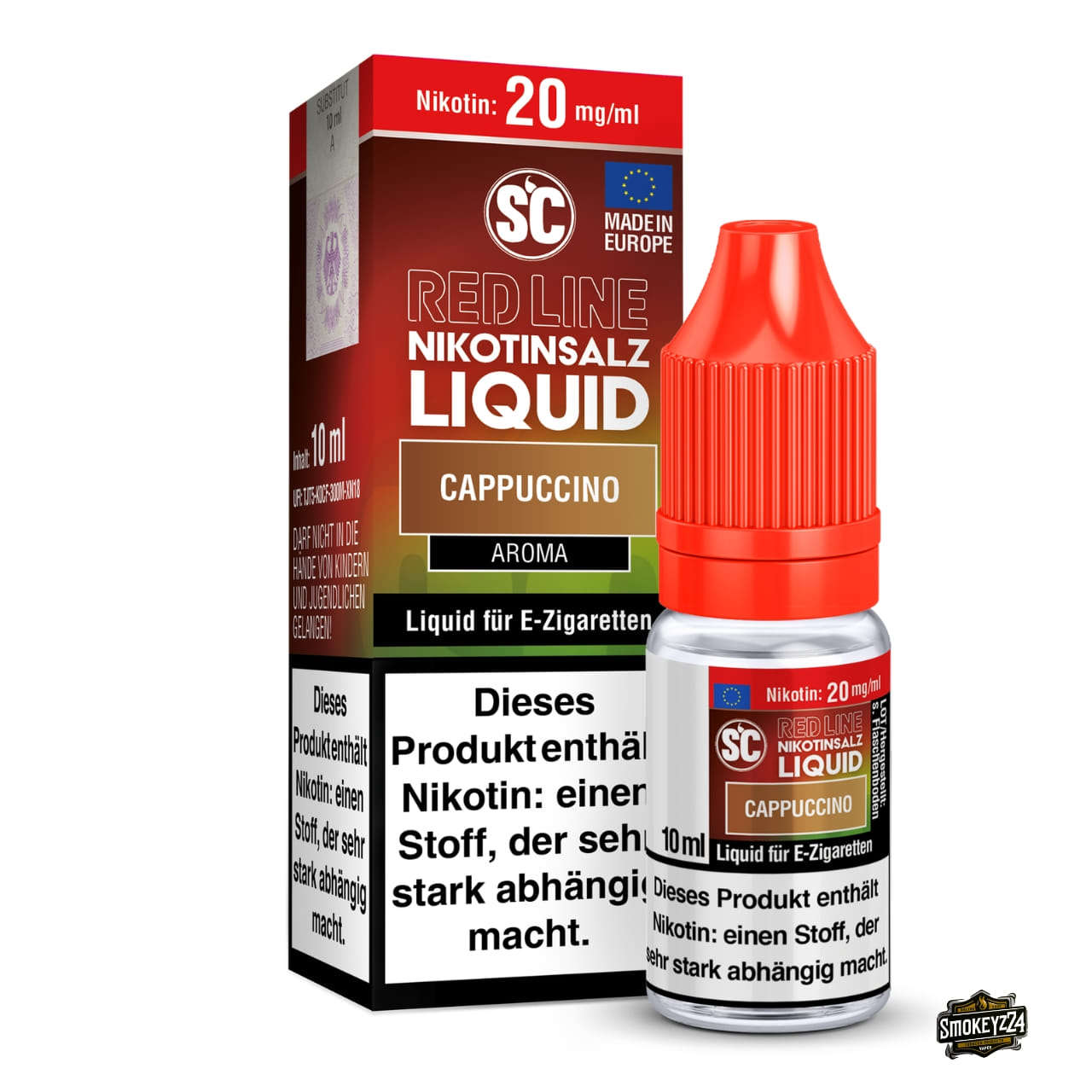 SC Red Line Cappuccino 20mg Nikotinsalz Liquid - 10ml Flasche neben Verpackung, Kaffee-Aroma