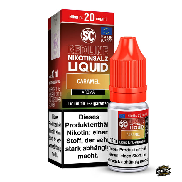 SC Red Line Caramel 20mg Nikotinsalz Liquid 10ml - Flasche neben Verpackung, Karamell mit frischer Note