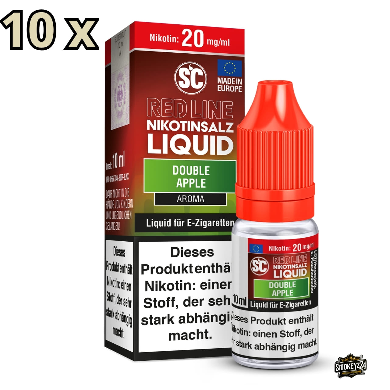 SC Red Line Double Apple 20mg Nikotinsalz Liquid 10x Sparpaket - 10 Flaschen á 10 ml Doppelapfel mit Menthol-Kühle