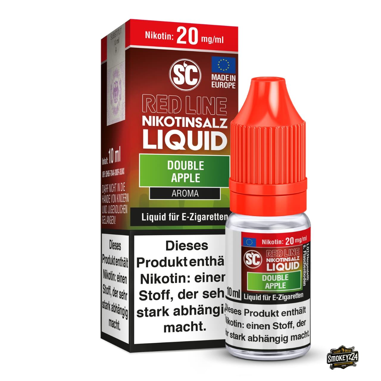 SC Red Line Double Apple 20mg Nikotinsalz Liquid - 10ml Flasche neben Verpackung, Apfel mit Menthol