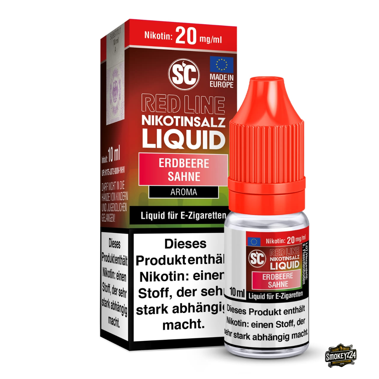 SC Red Line Erdbeere Sahne 20mg Nikotinsalz Liquid - 10ml Flasche neben Verpackung, Erdbeere mit Sahne
