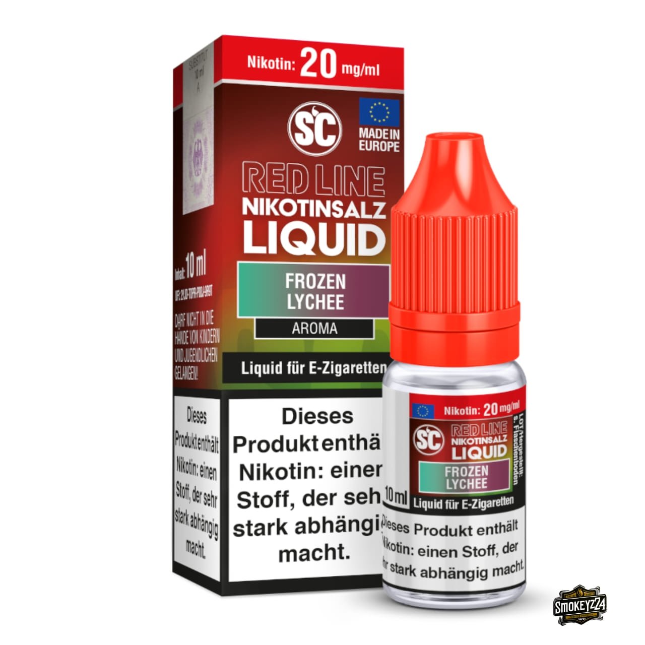 SC Red Line Frozen Lychee 20mg Nikotinsalz Liquid - 10ml Flasche neben Verpackung, Litschi mit Ice