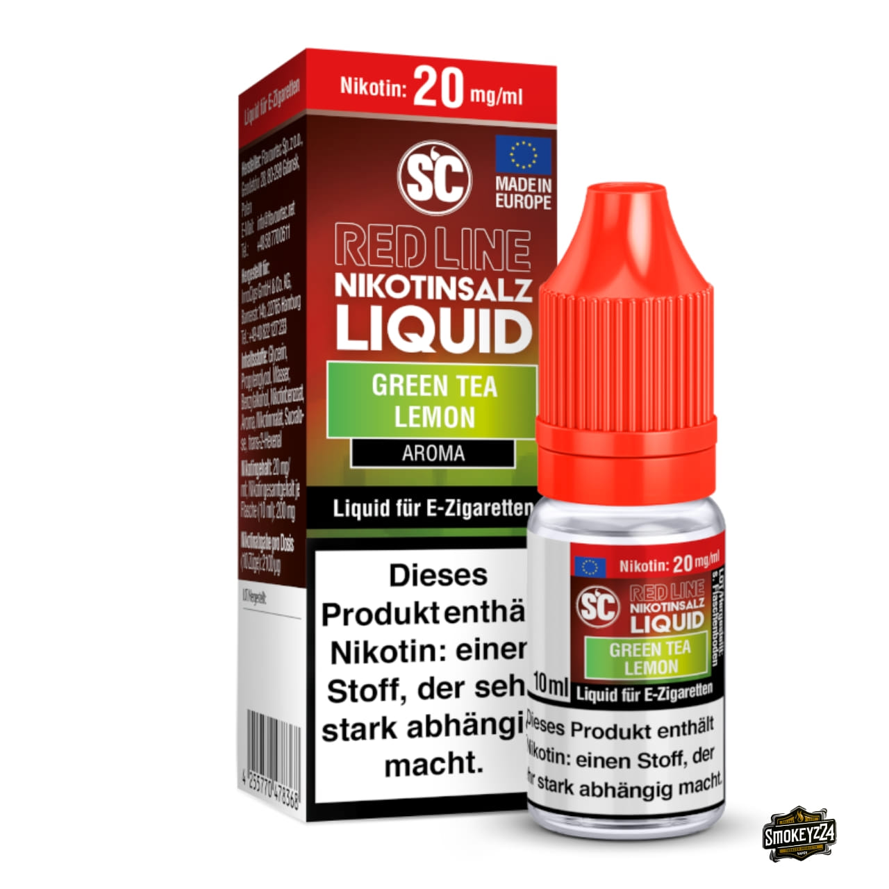 SC Red Line Green Tea Lemon 20mg Nikotinsalz Liquid - 10ml Flasche neben Verpackung, grüner Tee und Zitrone