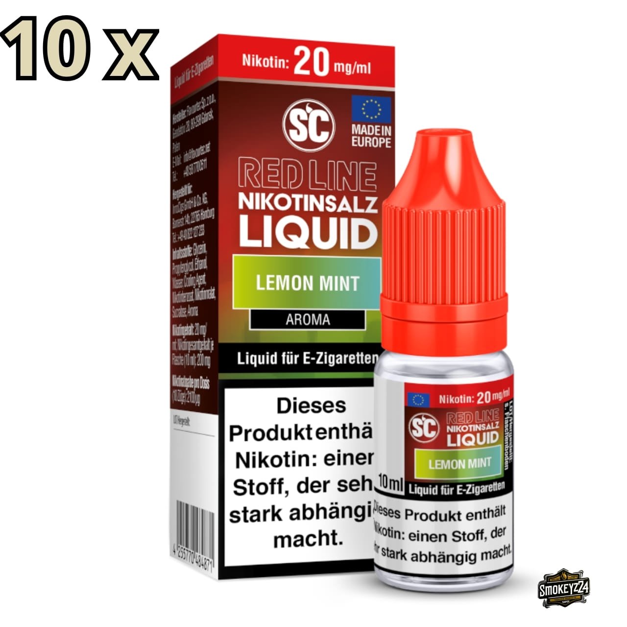 SC Red Line Lemon Mint 20mg 10er Sparpaket Nikotinsalz Liquid - Flasche und Verpackung im Set