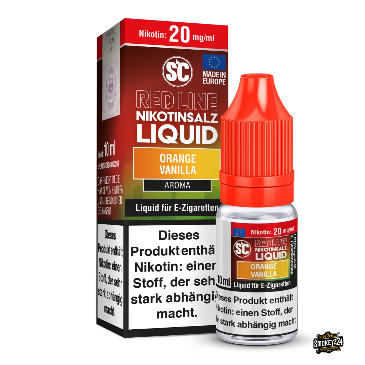 SC Red Line Orange Vanilla 20mg Nikotinsalz Liquid - 10ml Flasche neben Verpackung, Orange und Vanille