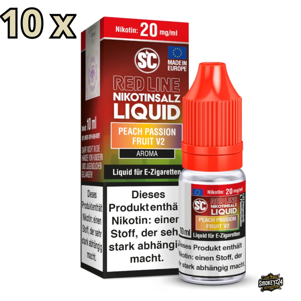 SC Red Line Peach Passion Fruit V2 20mg - 10x Sparpaket Nikotinsalz Liquid, Flasche neben Verpackung