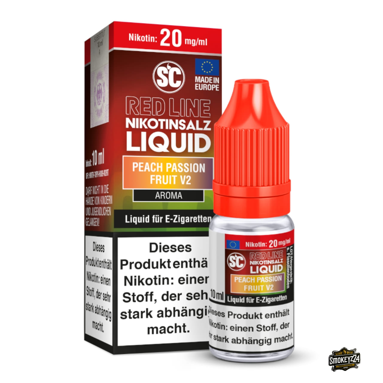 SC Red Line Peach Passion Fruit V2 20mg Nikotinsalz Liquid - 10ml Flasche neben Verpackung, Pfirsich und Maracuja