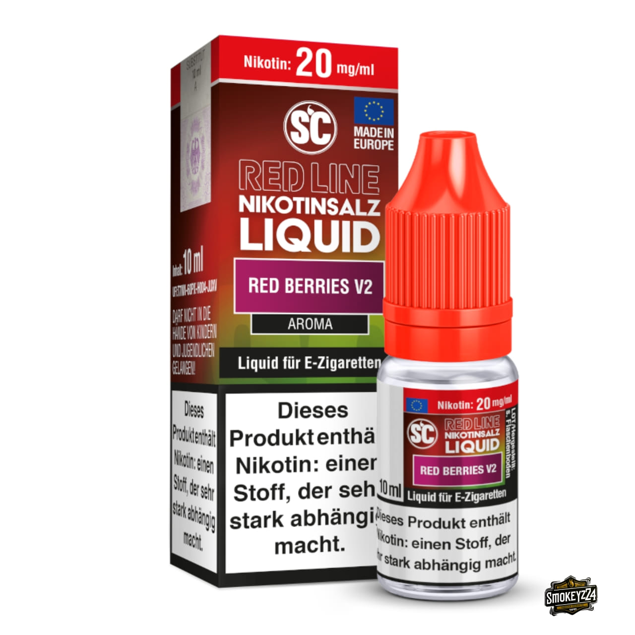 SC Red Line Red Berries V2 20mg Nikotinsalz Liquid - 10ml Flasche neben Verpackung, rote Beeren mit frischer Note