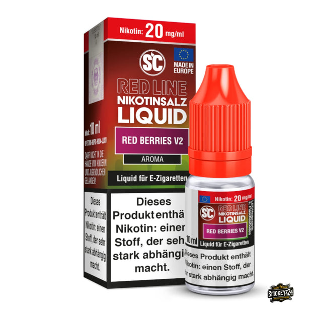 SC Red Line Red Berries V2 20mg Nikotinsalz Liquid - 10ml Flasche neben Verpackung, rote Beeren mit frischer Note