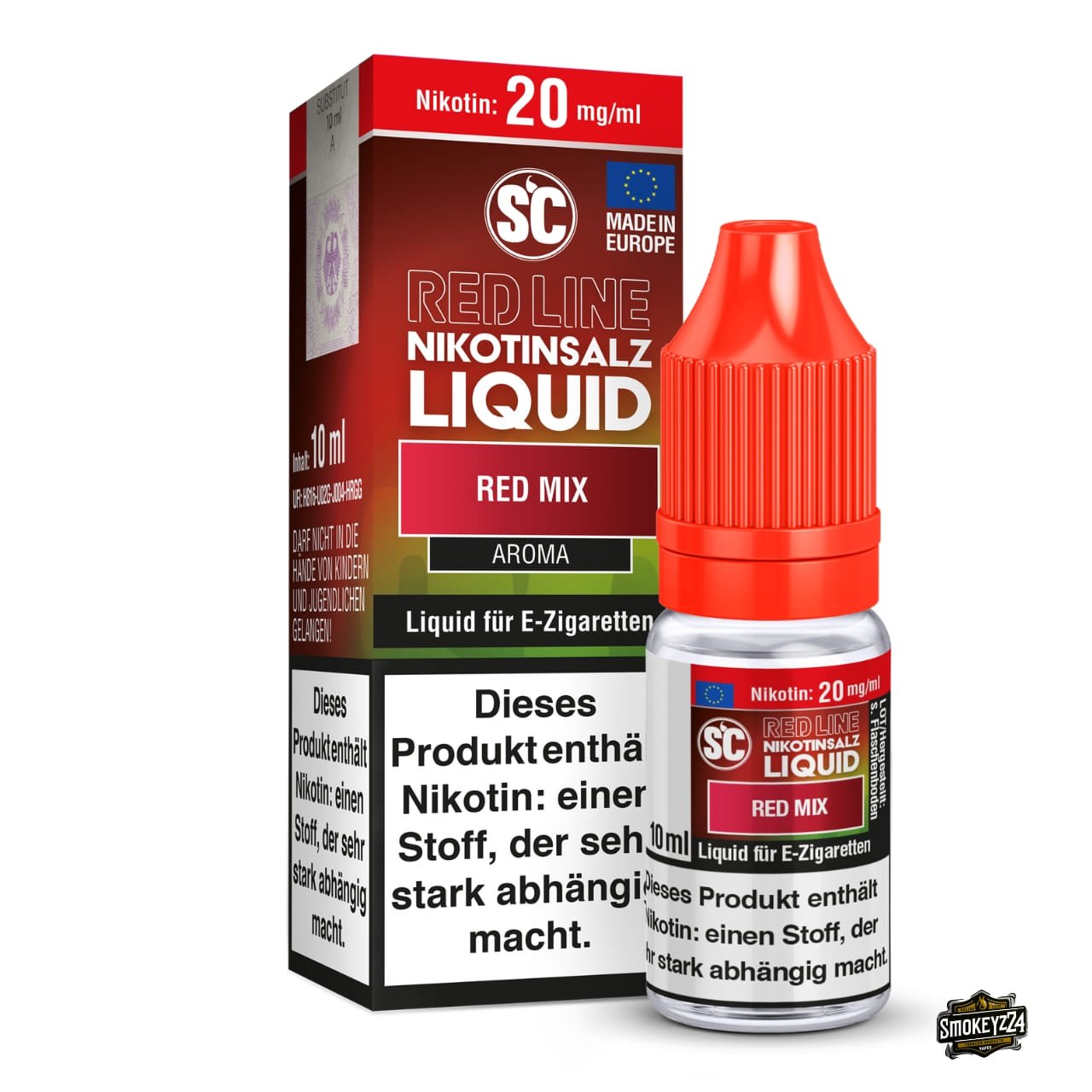 SC Red Line Red Mix 20mg Nikotinsalz Liquid - 10ml Flasche neben Verpackung, Himbeere-Brombeere-Erdbeere Mix