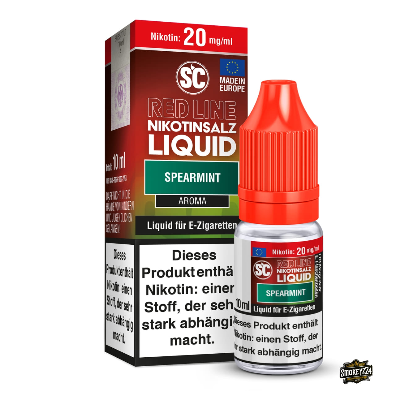 SC Red Line Spearmint 20mg Nikotinsalz Liquid - 10ml Flasche neben Verpackung, Spearmint-Minze mit Menthol