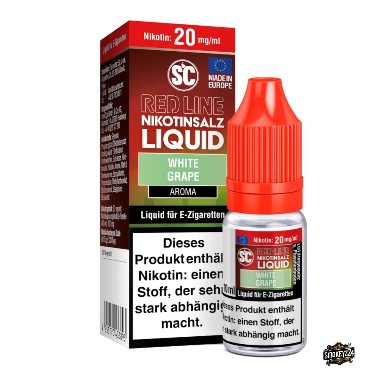 SC Red Line White Grape 20mg Nikotinsalz Liquid - 10ml Flasche neben Verpackung, helle Weintraube mit frischer Note