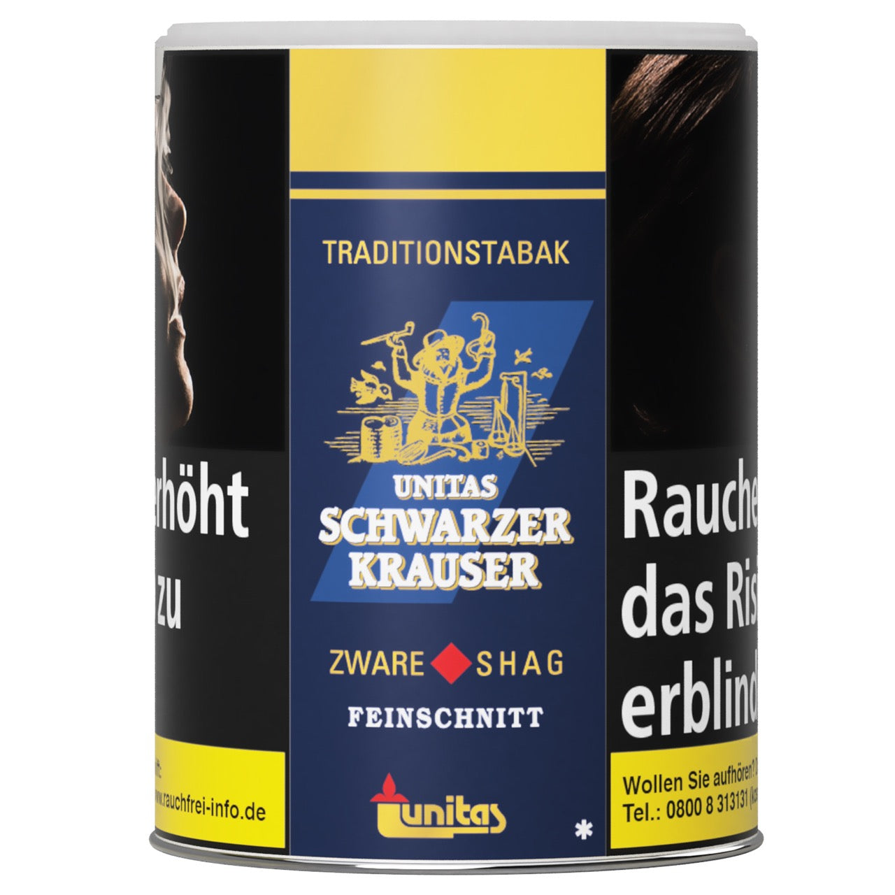 Unitas Schwarzer Krauser Zigarettentabak 75g Dose, schwarzbraune Tabakdose frontal fotografiert