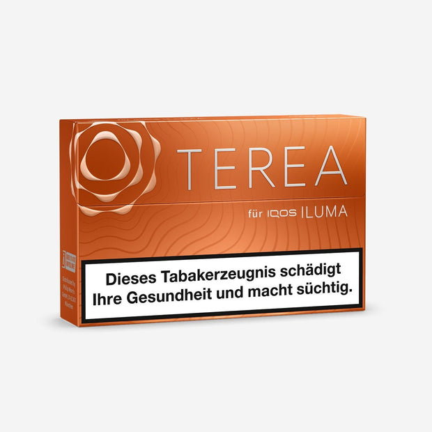 TEREA Amber – geschlossene Packung leicht seitlich dargestellt mit Branding