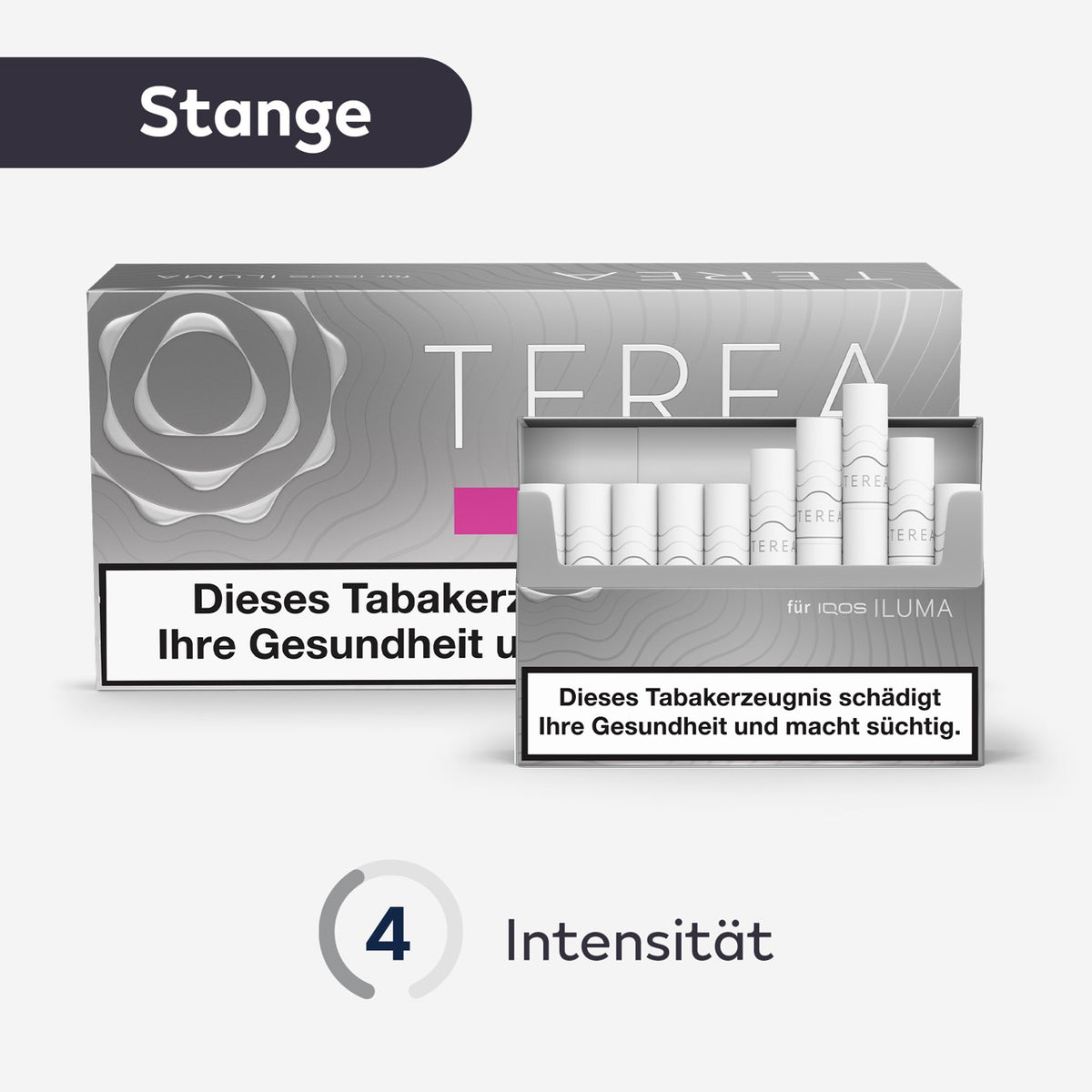 TEREA Silver Tabaksticks – Stange mit geöffneter Schachtel und Intensitätsanzeige vorn