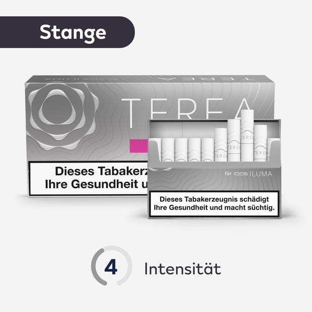 TEREA Silver Tabaksticks – Stange mit geöffneter Schachtel und Intensitätsanzeige vorn