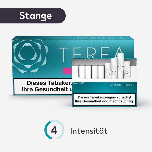 TEREA Turquoise Tabaksticks – Stange mit geöffneter Schachtel und Intensitätsangabe in türkis