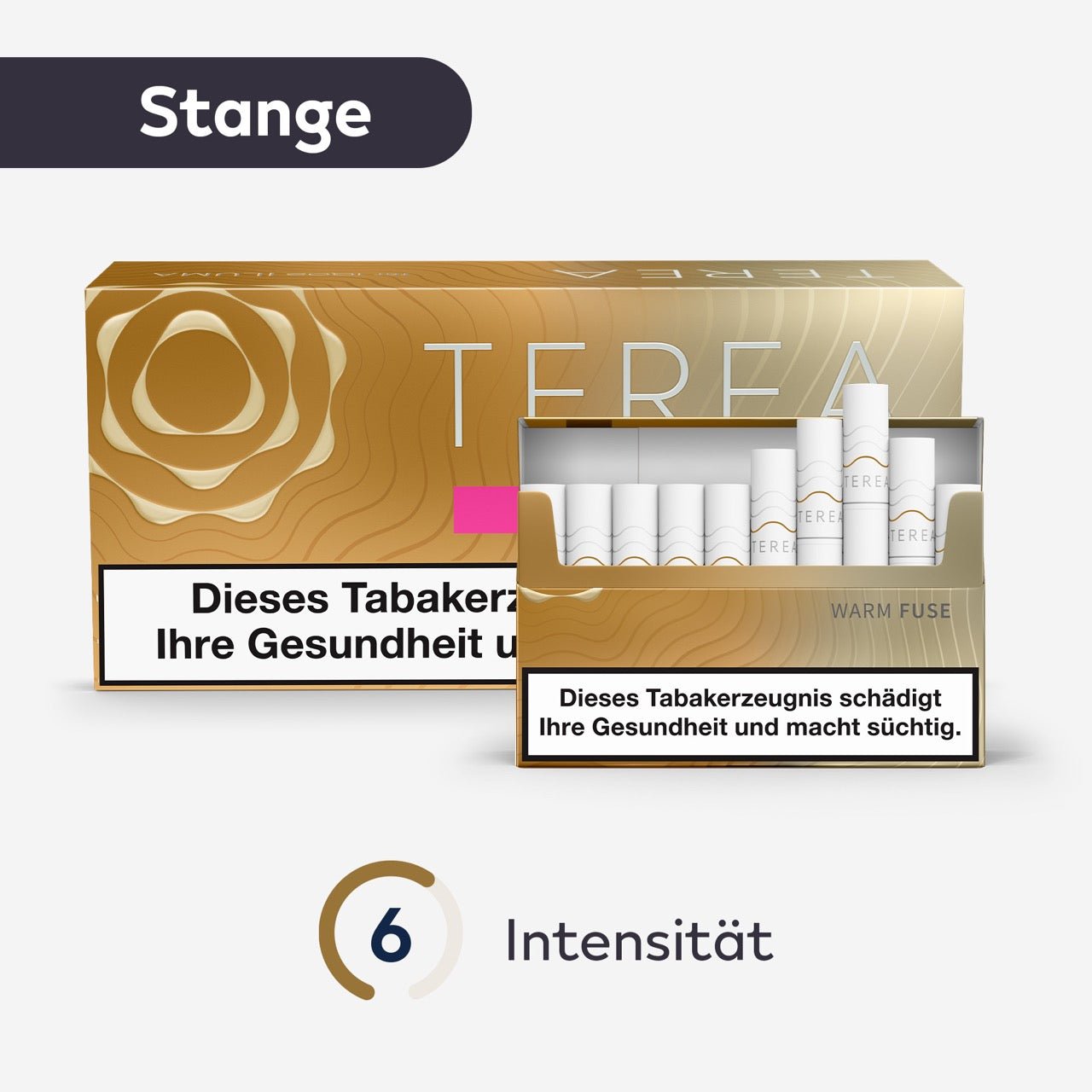 TEREA Warm Fuse – Stange mit geöffneter Schachtel und Intensitätsanzeige vorn