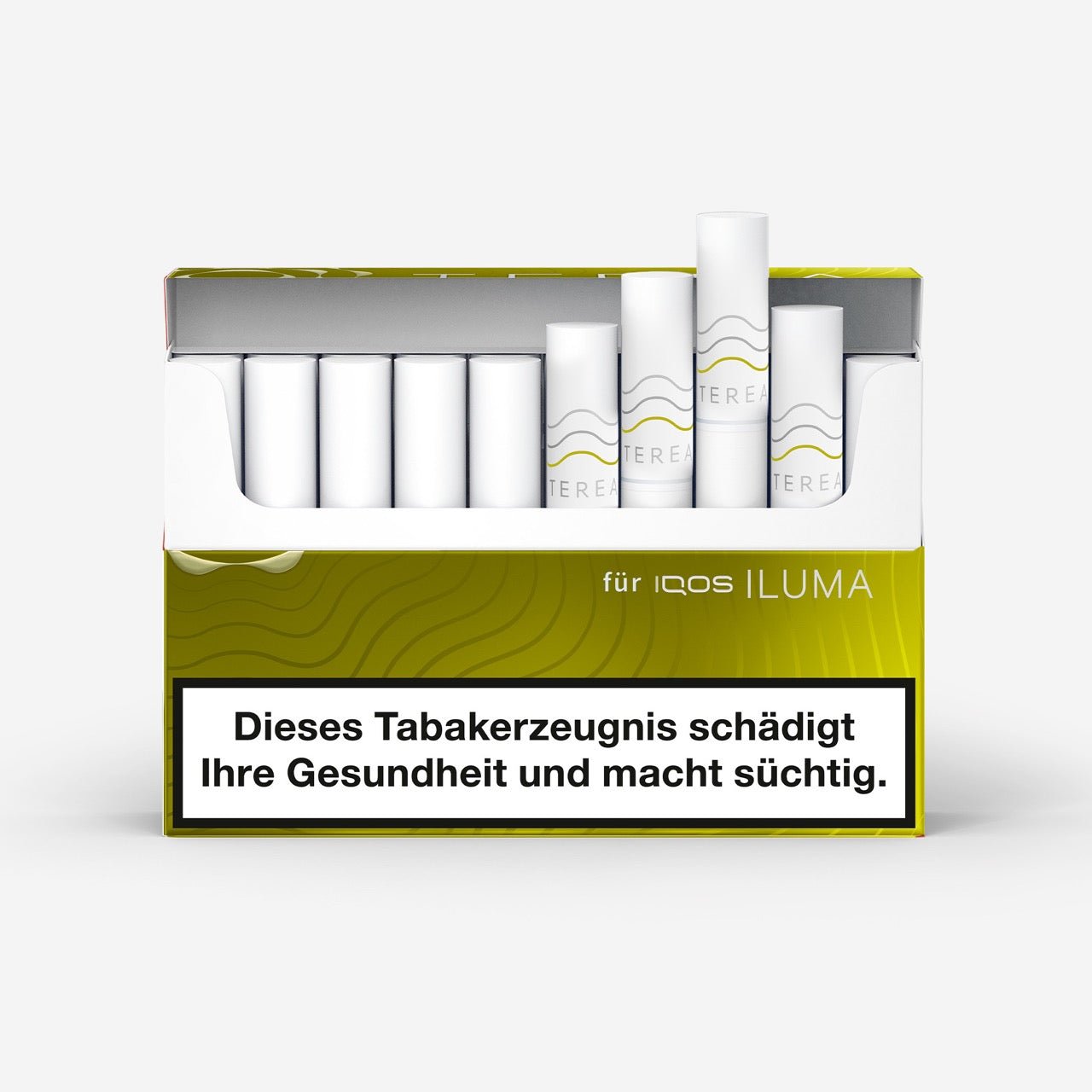TEREA Yellow Green – geöffnete Verpackung mit würziger Tabakmischung