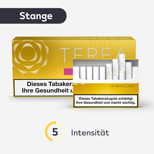 TEREA Yellow – Stange mit geöffneter Schachtel und Intensitätsangabe vorne