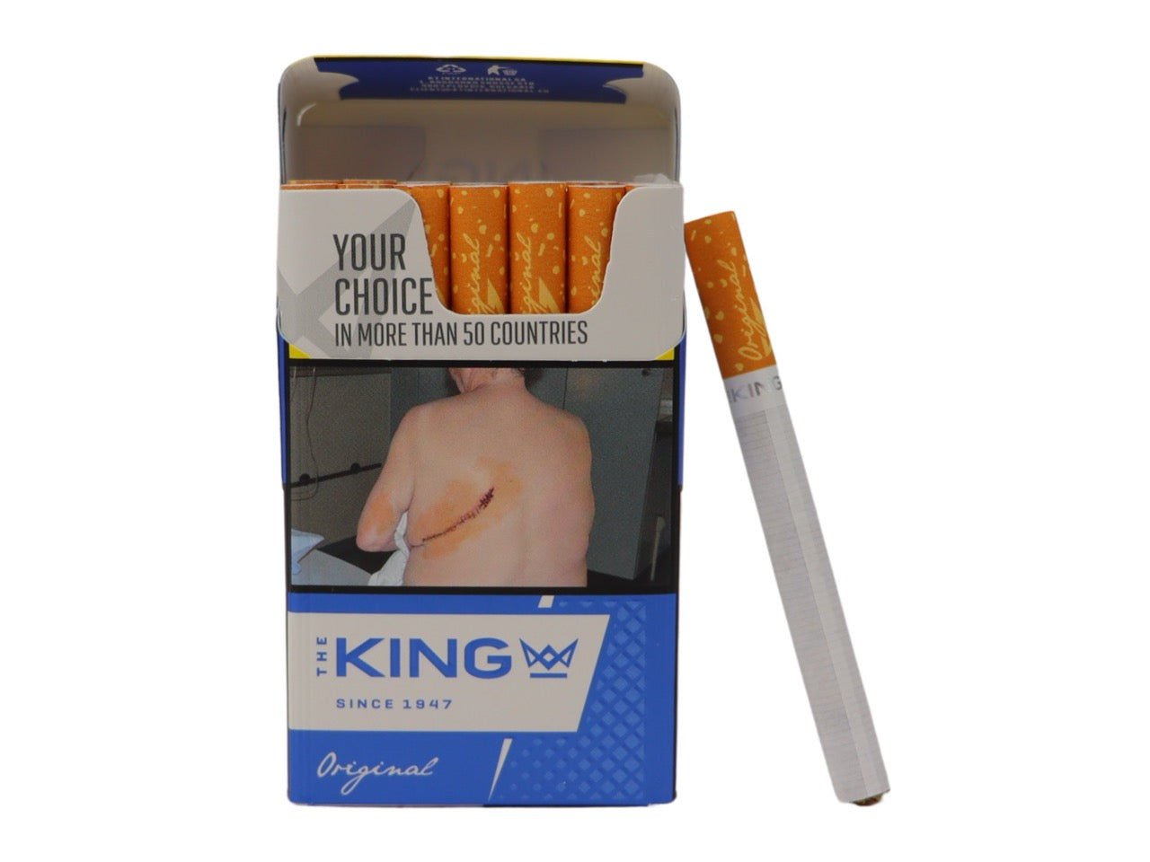 Geöffnete The King Blue Zigaretten 20er Packung, einzelne Zigarette daneben, King Size, blau