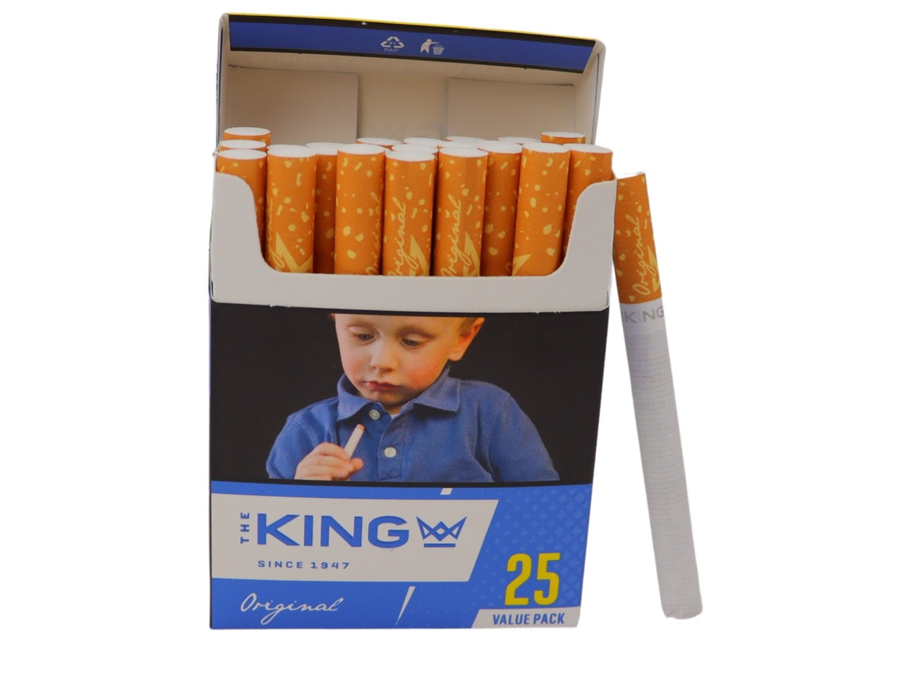 Geöffnete The King Blue Zigaretten 25er Packung, einzelne Zigarette daneben, King Size, blau