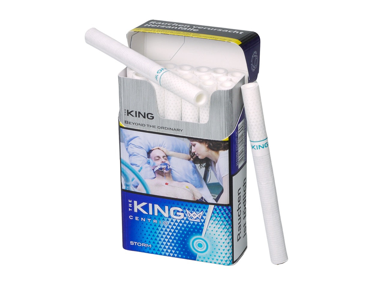 Geöffnete The King Centrio Storm Zigaretten 20er Packung, einzelne Zigarette daneben, Centrio Filter