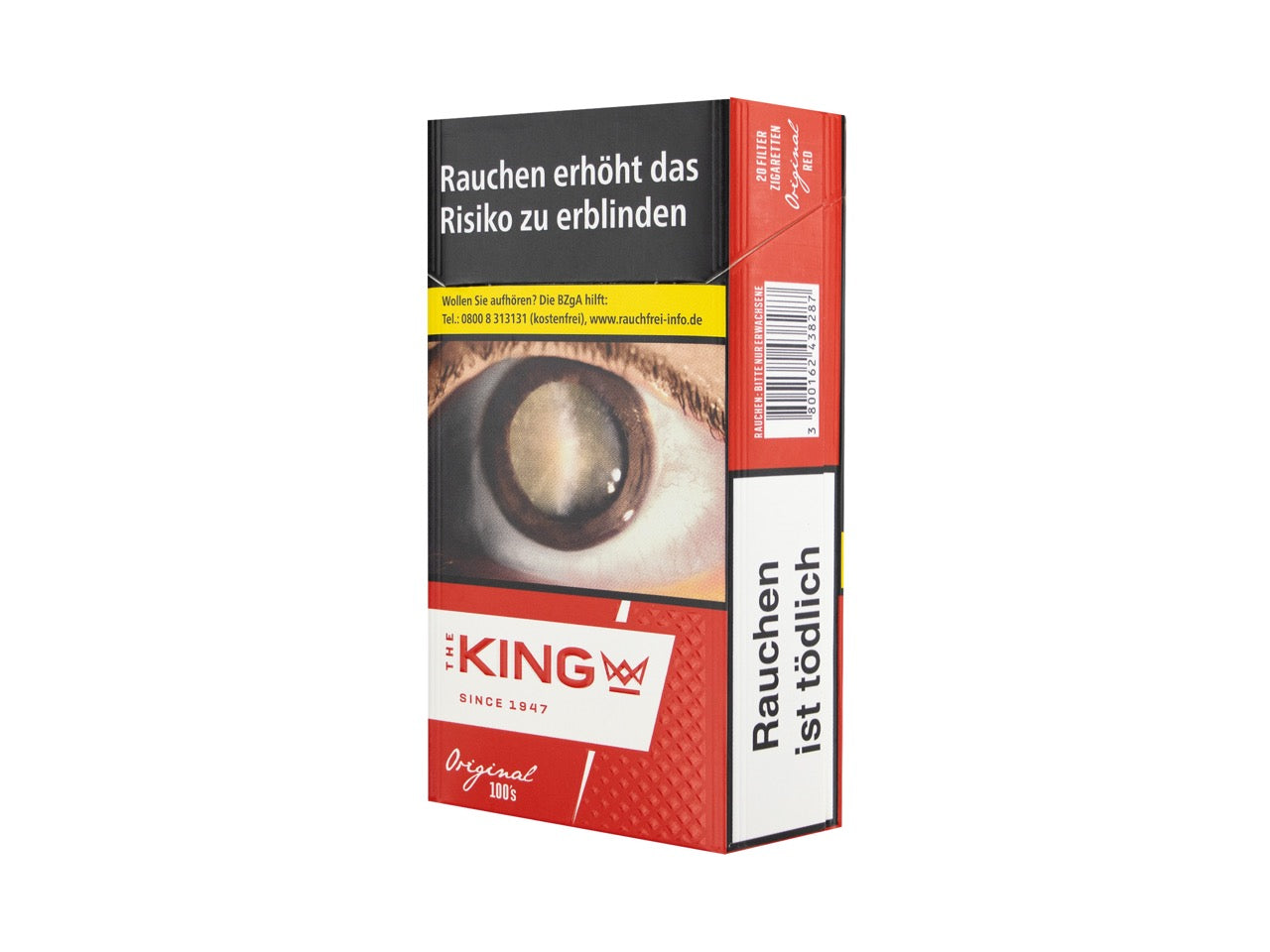 The King Red 100er Zigaretten 20er Packung, geschlossen, Long Size, modernes Design, rot