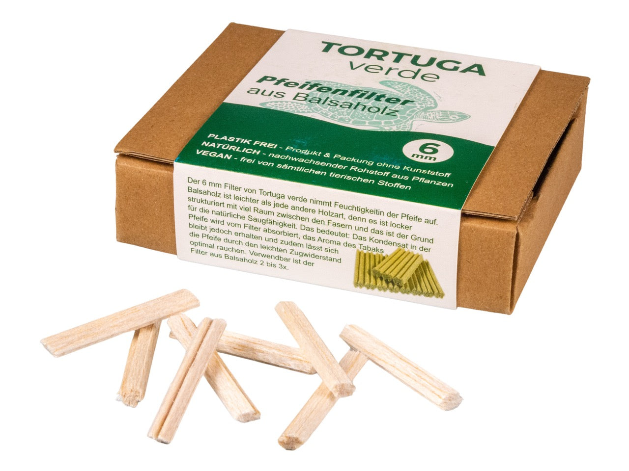 Tortuga Verde Pfeifenfilter aus Balsaholz, 6 mm, 68 Stück, nachhaltige Verpackung, Filter vor der Packung