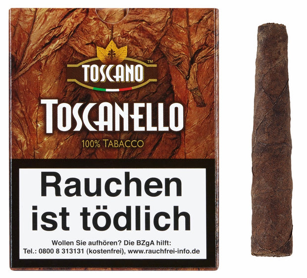 Toscano Toscanello 100% Tabacco Zigarren – braune Schachtel und eine Zigarre daneben stehend