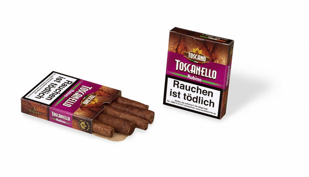 Offene und geschlossene Packung Toscanello Rubino Zigarren – intensiv fruchtig mit Apfel- und Zimtaromen aus Italien