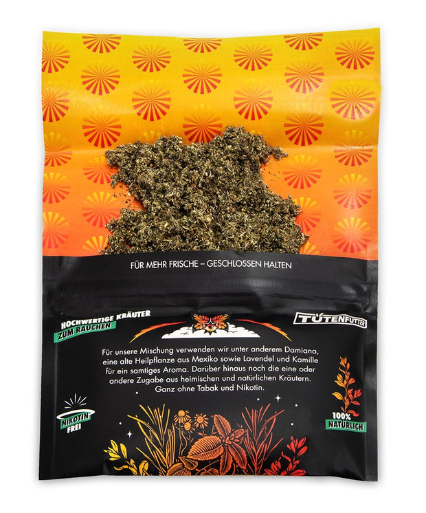 Geöffneter Tütenfutter Kräutermischung Original Orange Pouch – Damiana-Kräutermischung als Tabakersatz