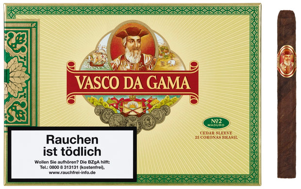 Vasco Da Gama Brasil 920 Corona No. 2 – 25er-Kiste frontal, daneben eine einzelne Zigarre.