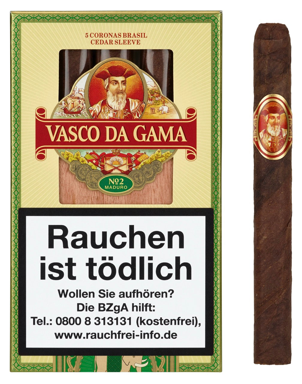 Vasco Da Gama Brasil 920 Corona No. 2 Zigarren – 5er-Packung mit einzelner Zigarre daneben. Klassische Zigarrenbox in Braun mit goldener Verzierung, daneben eine Corona Zigarre. Perfekt für Genießer, die brasilianische Tabakqualität schätzen.