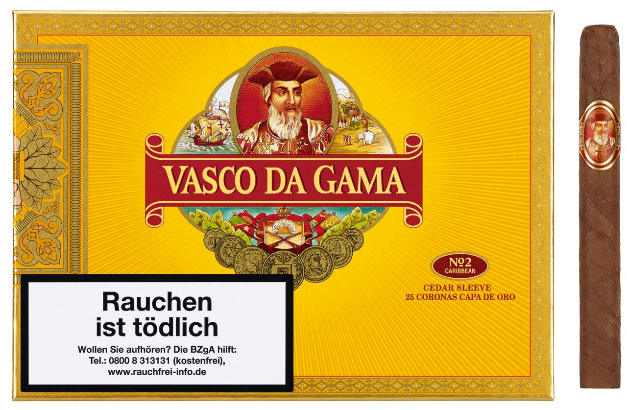 Vasco Da Gama Capa de Oro 25er – Zigarrenkiste mit einer Corona No. 2 daneben, goldgelbes Deckblatt, elegant präsentiert