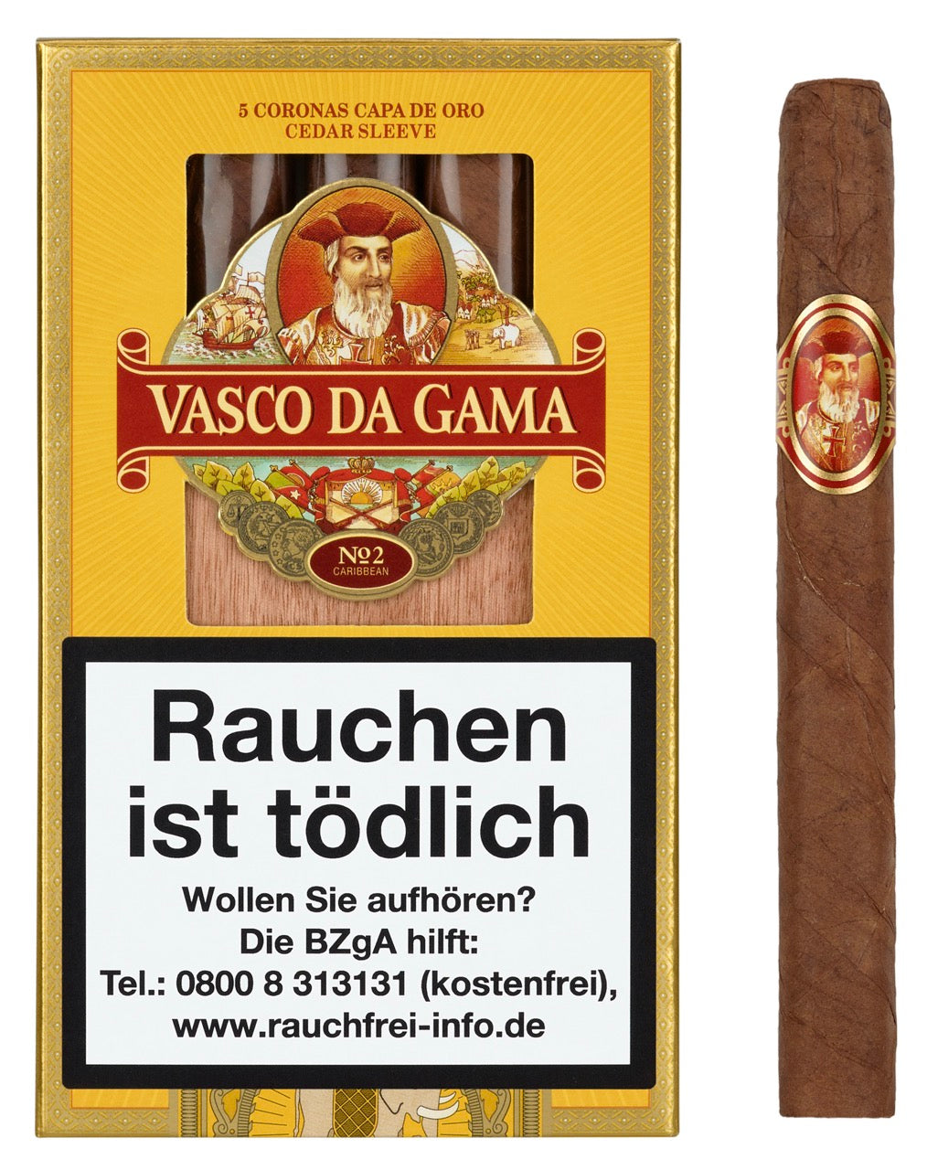 Vasco Da Gama Capa de Oro 921 – Zigarrenschachtel mit einer Corona No. 2 Zigarre daneben, elegant präsentiert