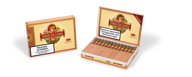 Vasco Da Gama Sumatra 922 Corona No. 2 – offene und geschlossene 25er-Zigarrenkiste nebeneinander, elegantes Premiumformat