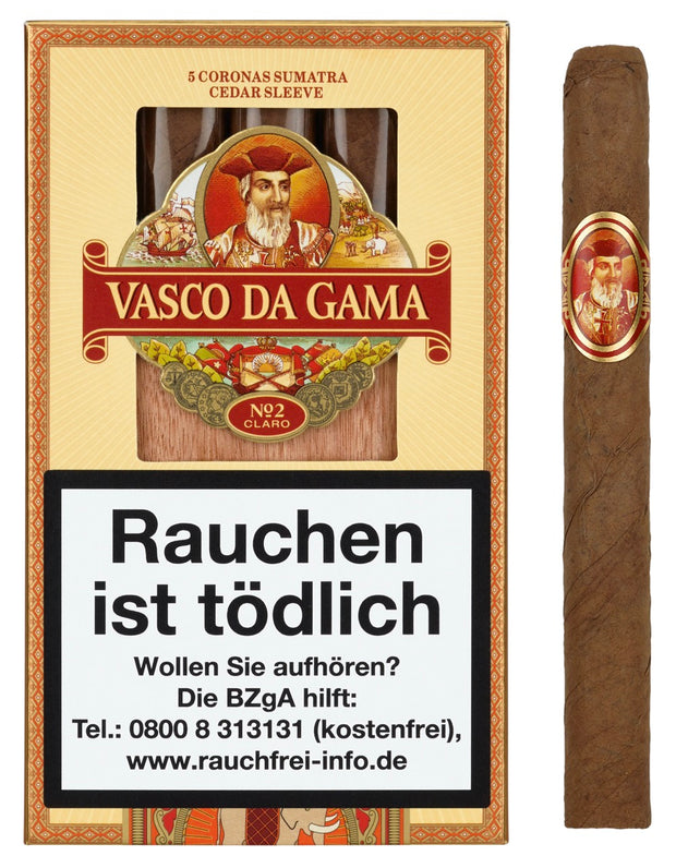 Vasco Da Gama Sumatra 922 Corona No. 2 – 5er Zigarrenkiste mit einer Corona daneben, mild-würzige Premiumzigarren aus Sumatra