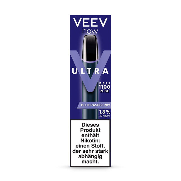 VEEV NOW ULTRA Blue Raspberry Einweg Vape – Verpackung von vorne mit Design und Aroma-Hinweis