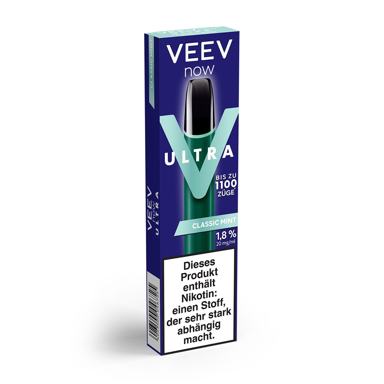 VEEV NOW ULTRA Classic Mint – Verpackung leicht seitlich dargestellt mit Pfefferminz-Hinweis