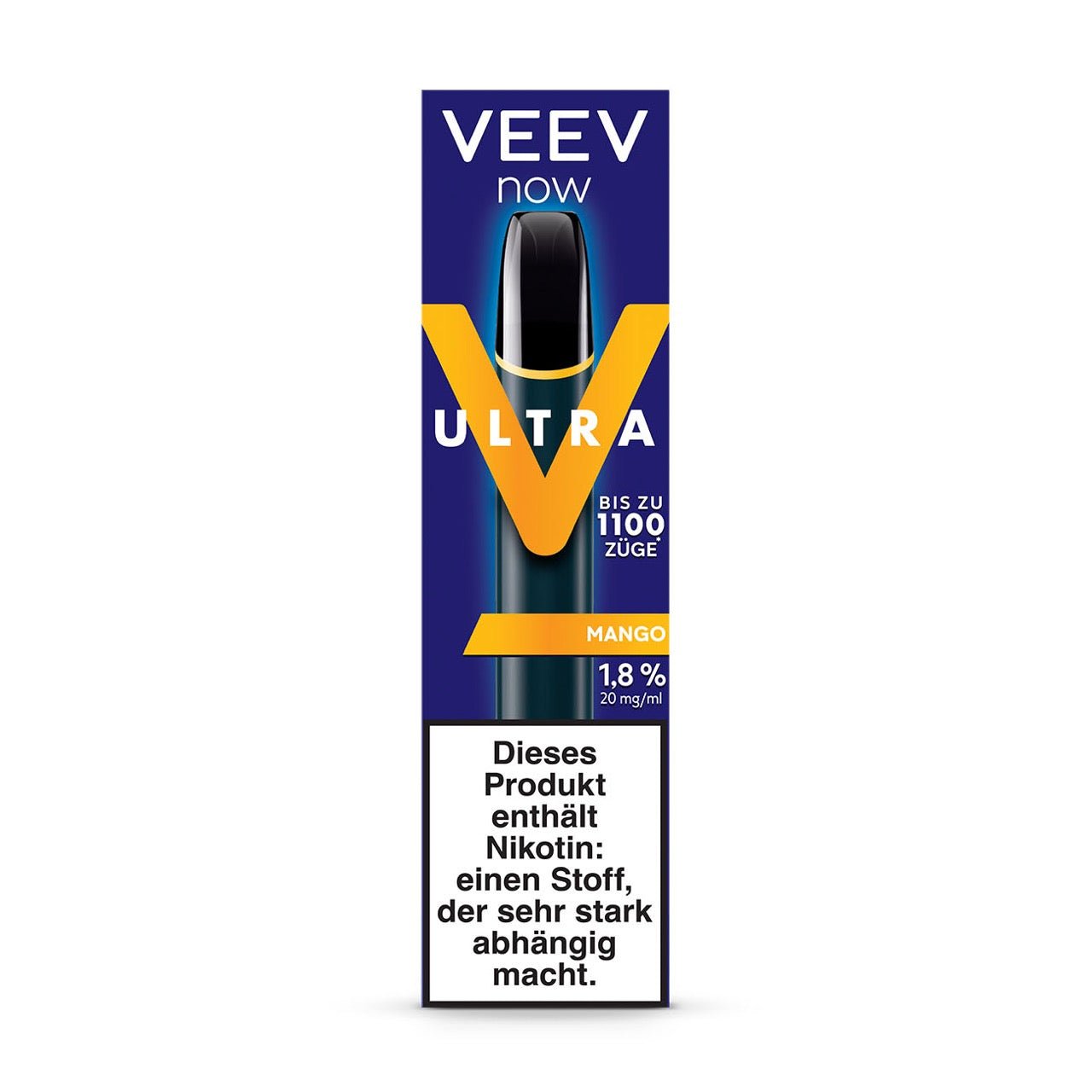 VEEV NOW ULTRA Mango Einweg Vape – Verpackung mit tropischem Design und Mango-Aromahinweis