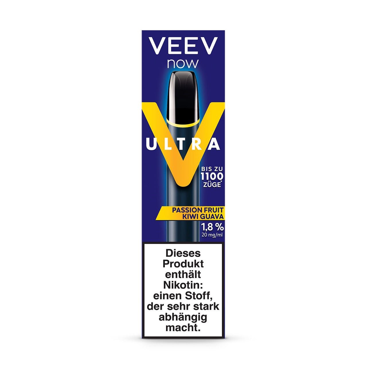 VEEV NOW ULTRA Passionfruit Kiwi Guava Einweg Vape – Verpackung mit fruchtigem Design und Aromenangabe