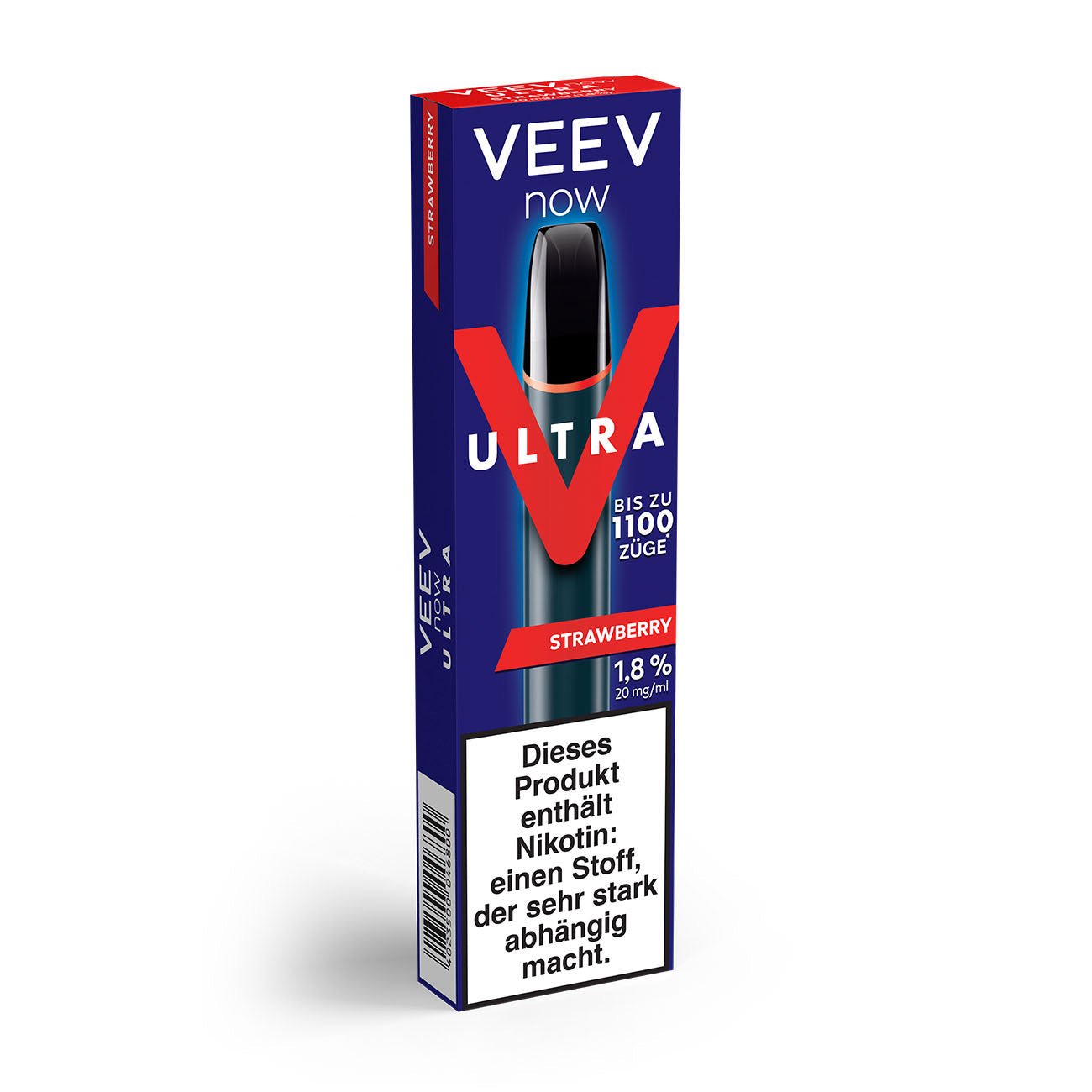 VEEV NOW ULTRA Strawberry – Verpackung leicht seitlich gezeigt mit Geräte- und Geschmackshinweisen