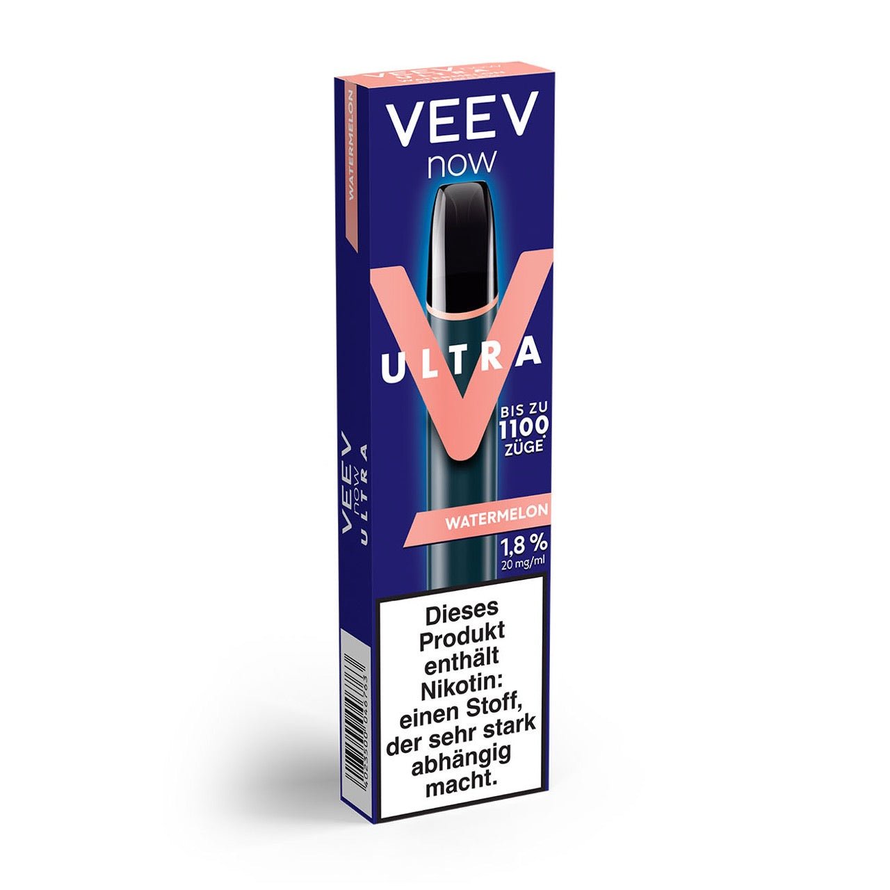 VEEV NOW ULTRA Watermelon – Verpackung leicht seitlich mit Fokus auf Aroma und Technikdetails